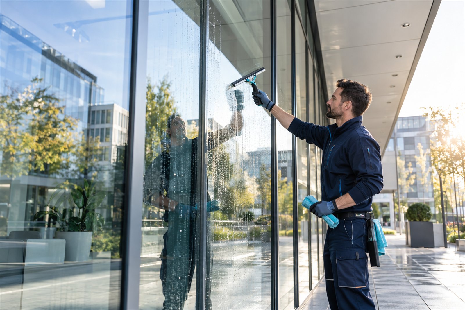 Professionelle Reinigung einer großen Glasfront